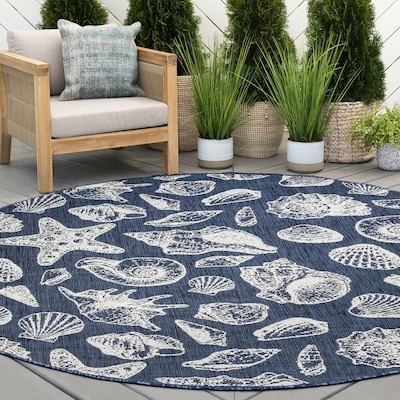 Navy Round Area Rug Floral Medallion Traditional Deck