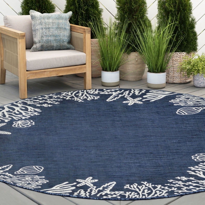 Navy Round Outdoor Rug Botanical Mandala Coastal Patio Seating Area