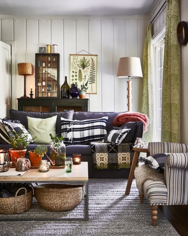Navy Sofa in Cozy Country Living Room with White Vertical Wall Paneling