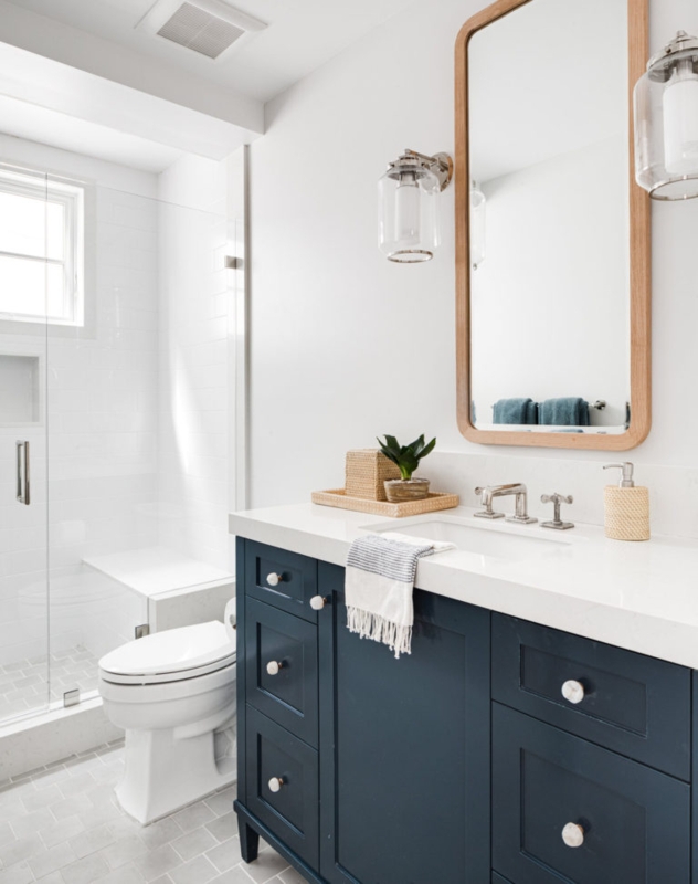 Navy Vanity with Wood Framed Mirror & Glass Sconces