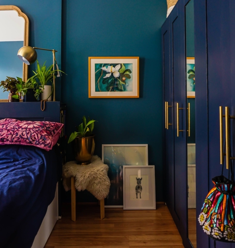 Navy Wardrobes with Gold Hardware in Teal Bedroom Design