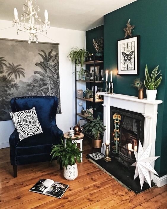 Navy Wingback Chair in Emerald Green Living Room with Fireplace