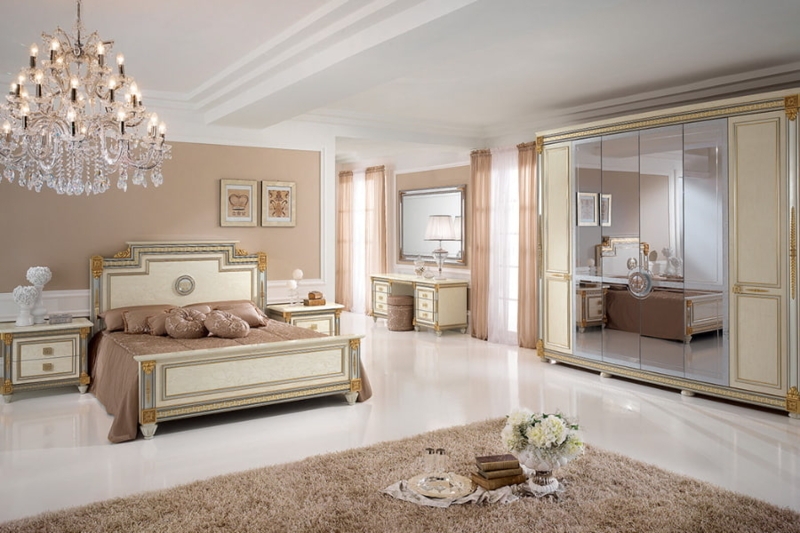 Neoclassical Bedroom Set with Gold Gilt Scrollwork and Mirrored Wardrobe