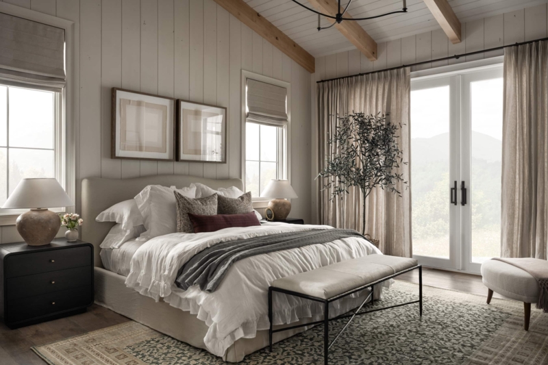 Neutral Bedroom with Vaulted Beams and Vertical Shiplap