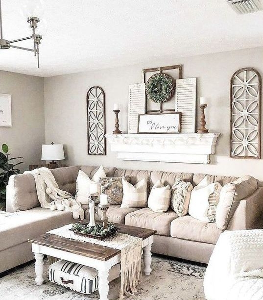 Neutral Farmhouse Living Room with Tan Sectional and Shutter Mantel