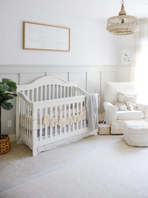 Neutral Farmhouse Nursery: Gray Board & Batten with Arched White Crib