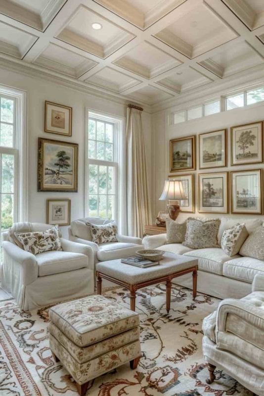 Neutral French Country Living Room: Elegant Coffered Ceiling Design