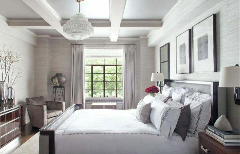 Neutral Grey Bed Frame: Coffered Ceiling & Grasscloth Wallpaper
