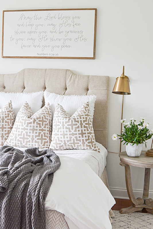 Neutral Guest Bedroom with Tufted Headboard and Geometric Pillows