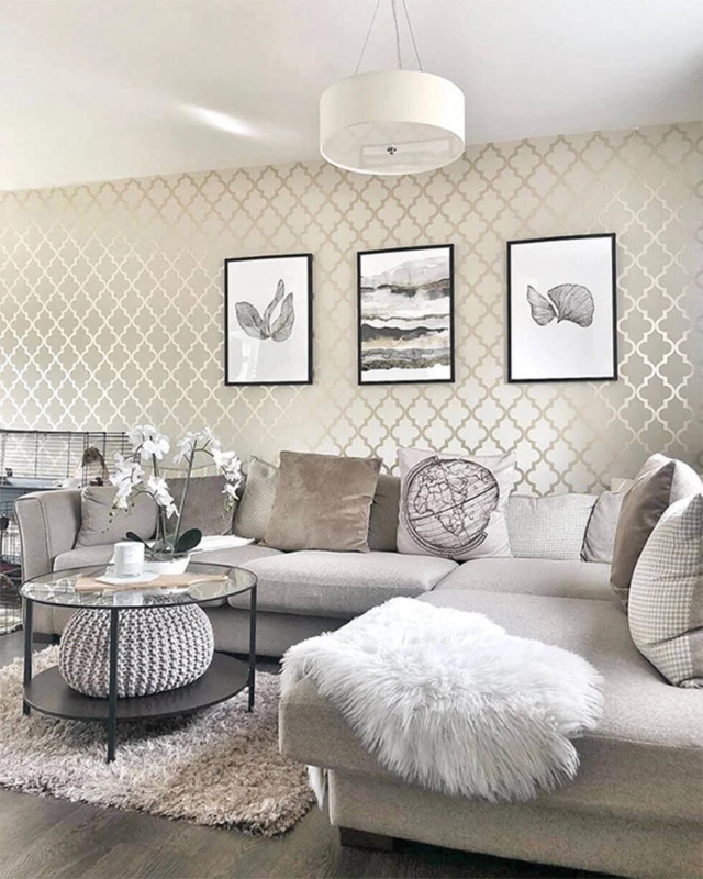 Neutral Living Room Gold Wallpaper with Geometric Trellis Accent Wall