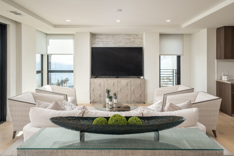 Neutral Living Room TV Wall Design with Geometric Media Console