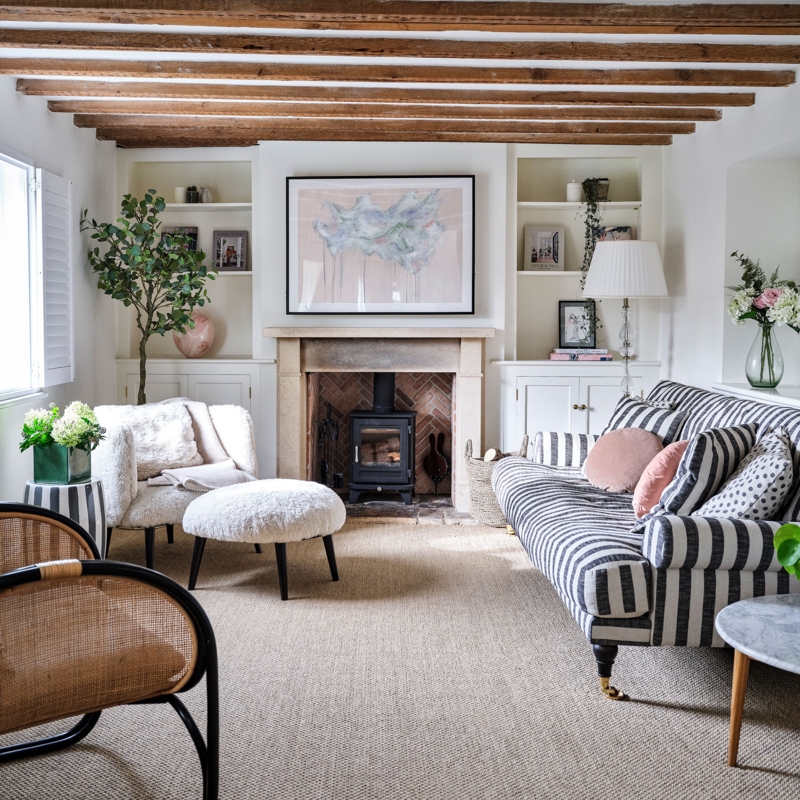 Neutral Living Room with Striped Sofa and Sherpa Accent Chair