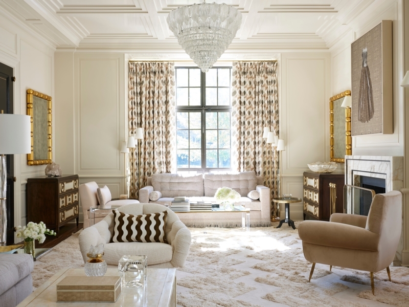 Neutral Monochromatic Lounge Design with Coffered Ceiling Detail