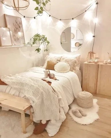 Neutral Teen Girl Room Ideas with String Lights & Round Mirror