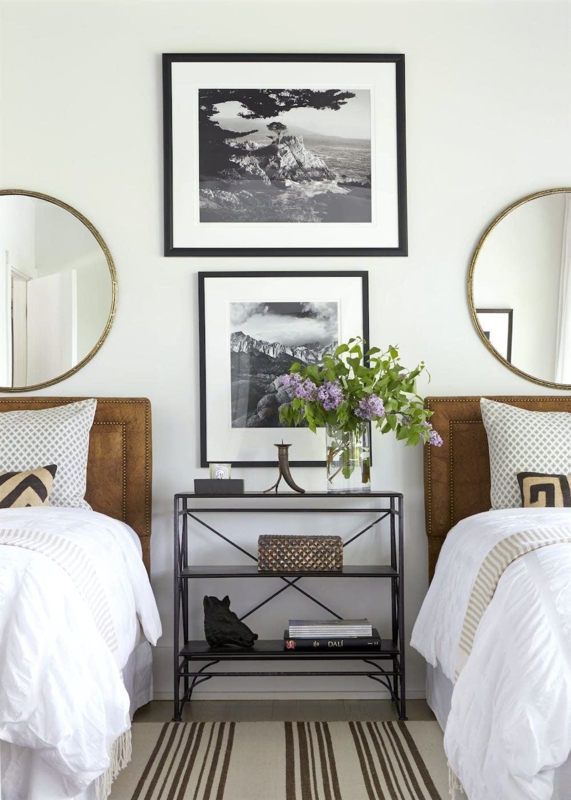 Neutral Twin Bedroom featuring Leather Headboards and a Shared Console