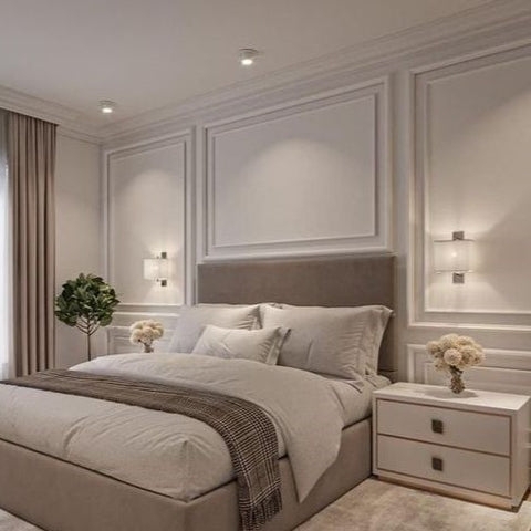 Neutral Upholstered Bed with Picture Frame Wall Molding