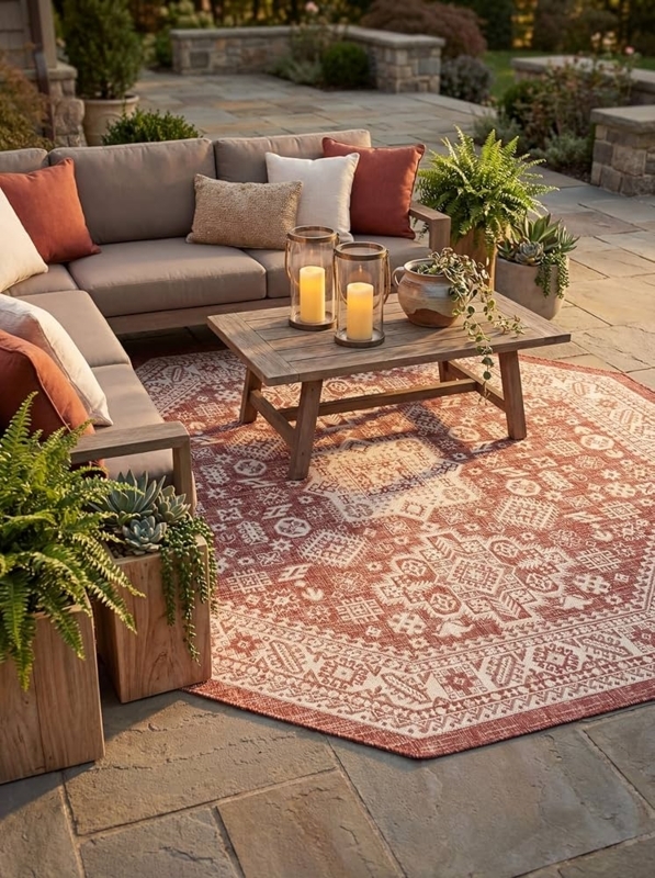 Octagonal Area Rug Southwestern Motif Rust Red Flatweave Entry Decor