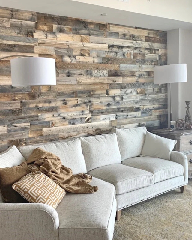Off-White Sectional Sofa with Nailhead Trim and Plank Wall