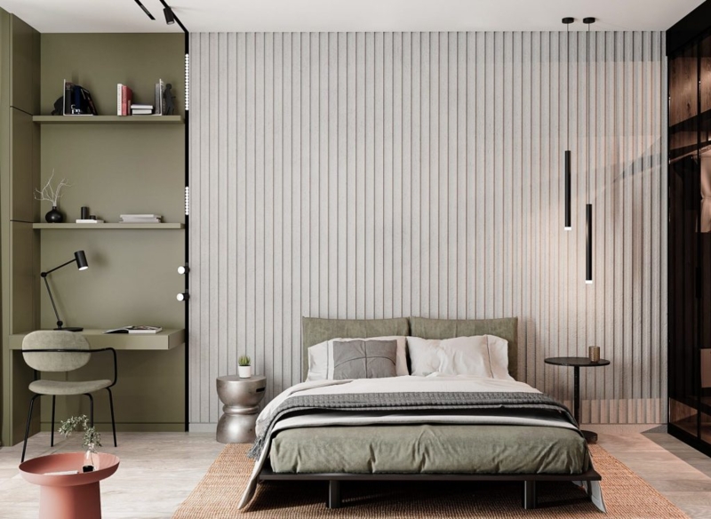 Olive Green Bed & Built-ins with Grey Ribbed Wall Paneling