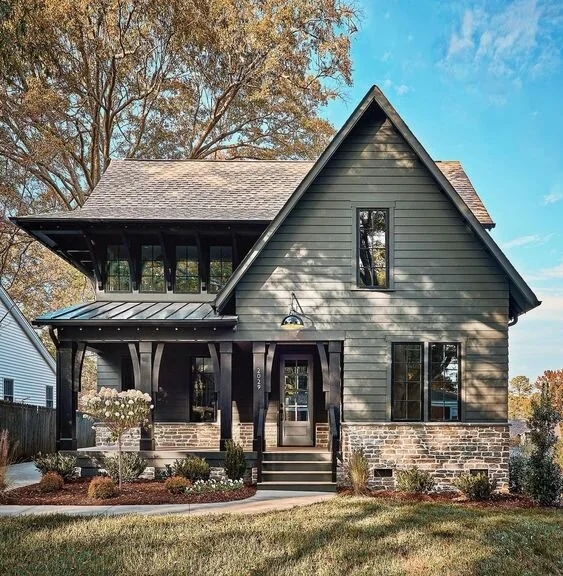 Olive Green Farmhouse Exterior with Stone Base Cladding