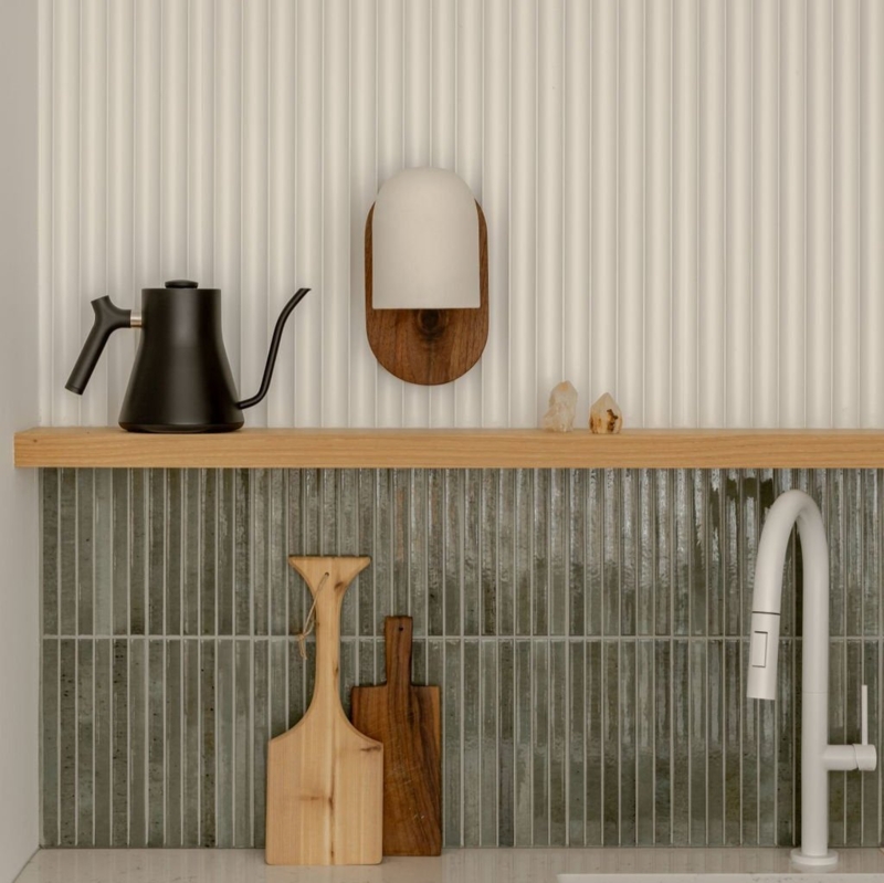 Olive Green Fluted Wall Panels Kitchen Island Accent Texture