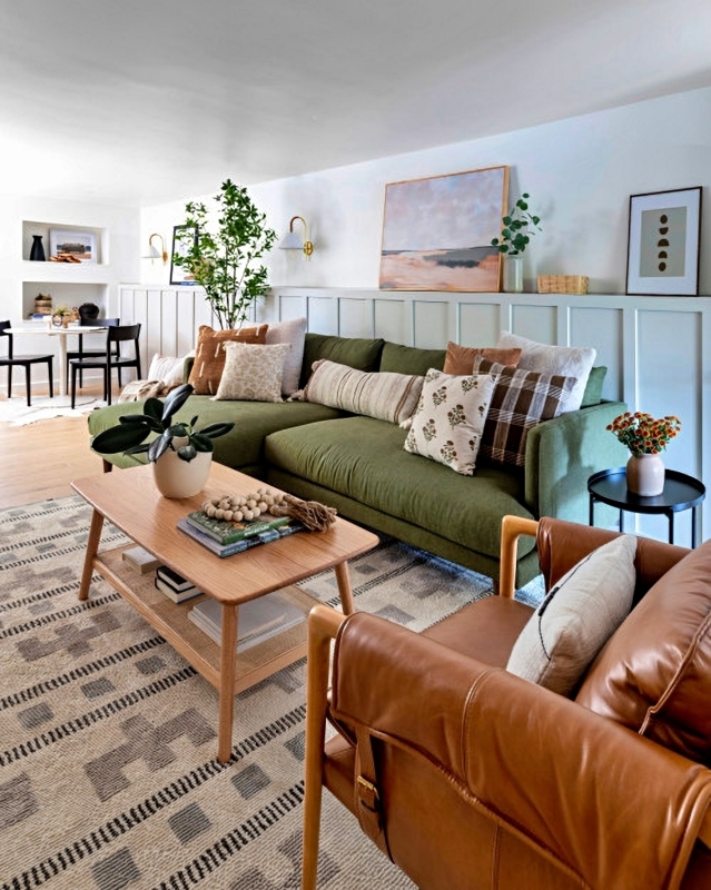 Olive Green Sectional Living Room Ideas with Board and Batten Walls