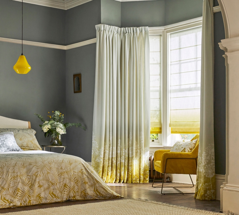 Ombre Botanical Curtains in Gray and Yellow Bedroom