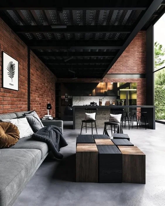 Open Concept Industrial Living Room with Black Slatted Ceiling Design