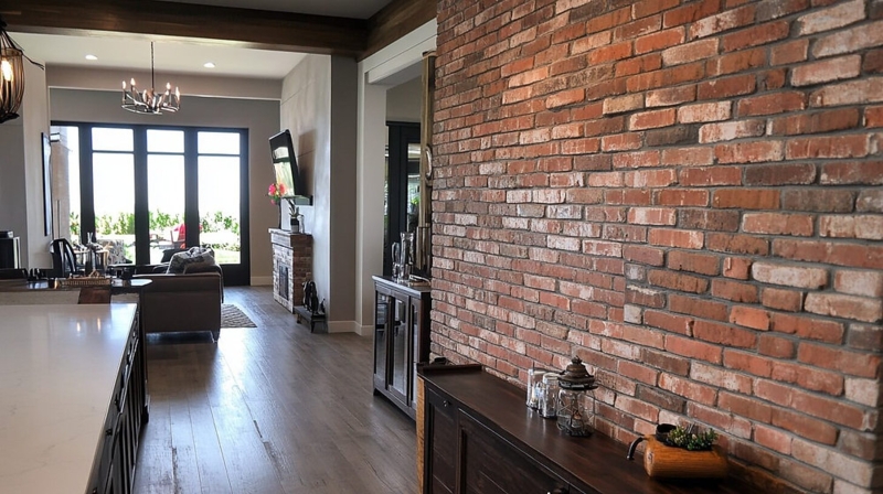 Open Concept Living: Exposed Brick Accent Wall & Rustic Ceiling Beams