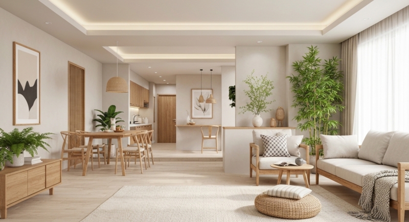 Open Concept Living Room: Integrated Cove Lighting and Wishbone Chairs.