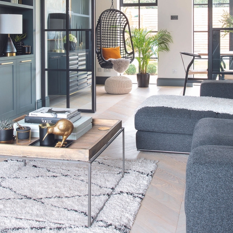 Open-Plan Living Room Herringbone Floor Hanging Egg Chair Shaggy Area Rug
