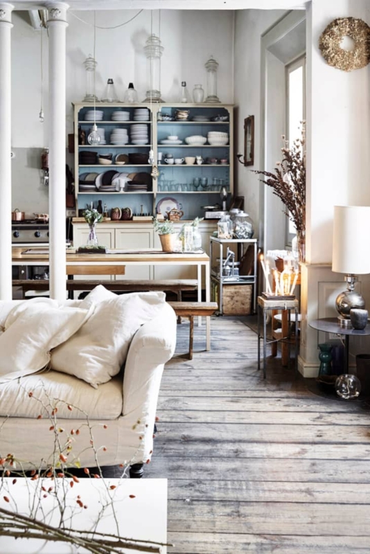 Open Plan Living Room with Blue Backed Hutch & Wide Weathered Planks
