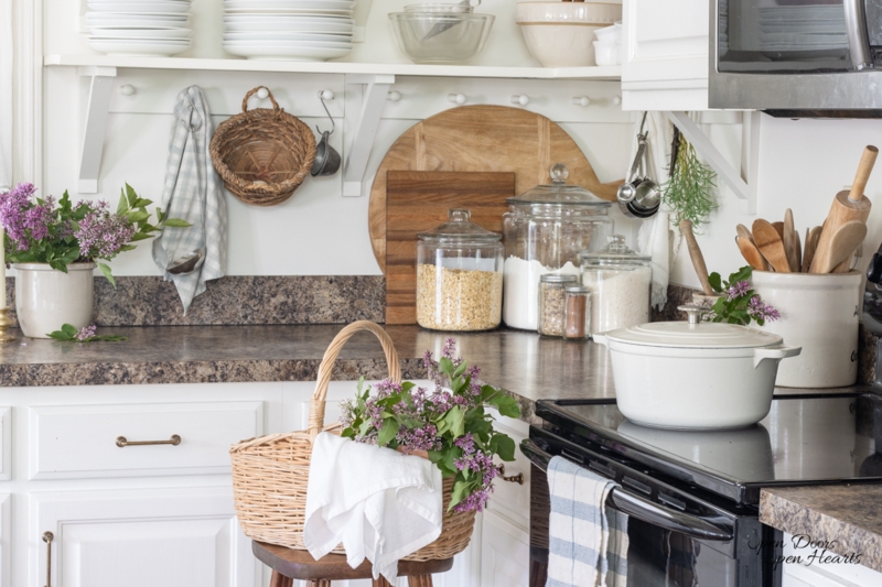Open Shelving Styling with Peg Rail and Lilacs