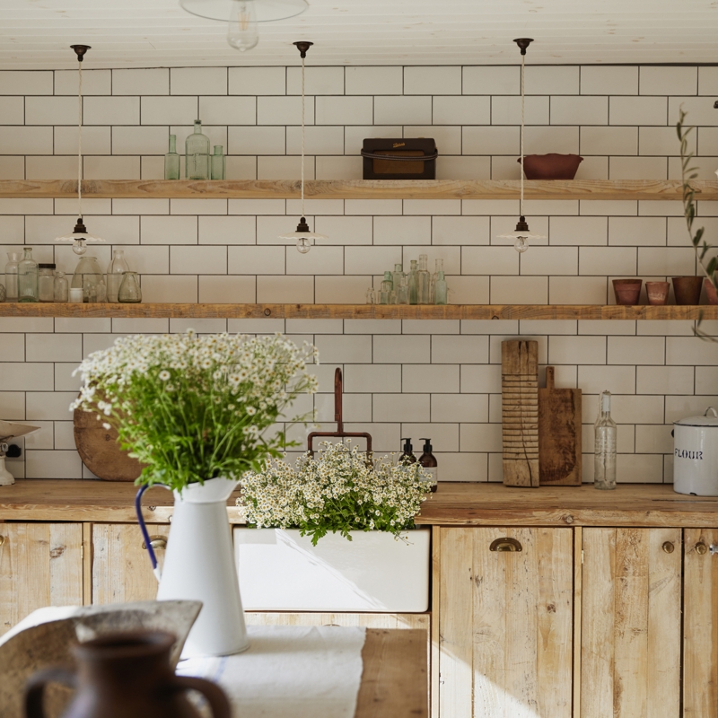 Open Shelving Weathered Wood with Subway Tile and Dark Grout Backsplash