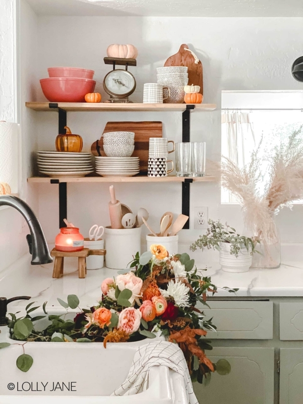 Open Shelving with Vintage Scale and Sage Green Cabinets for Fall