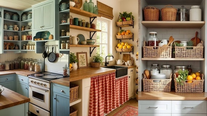 Open Shelving with Woven Basket Organization and Checkered Sink Skirt