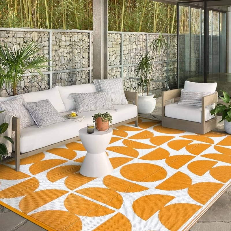 Orange Area Rug Geometric Diamond Trellis Reversible Weather Resistant