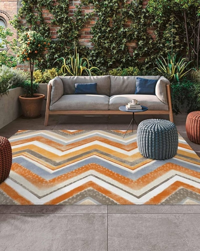 Orange Chevron Outdoor Area Rug, Vibrant Flatweave Decor.