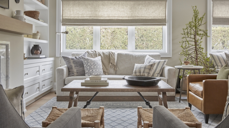 Organic Living Room Decor with Low Profile Wood Table and Woven Stools