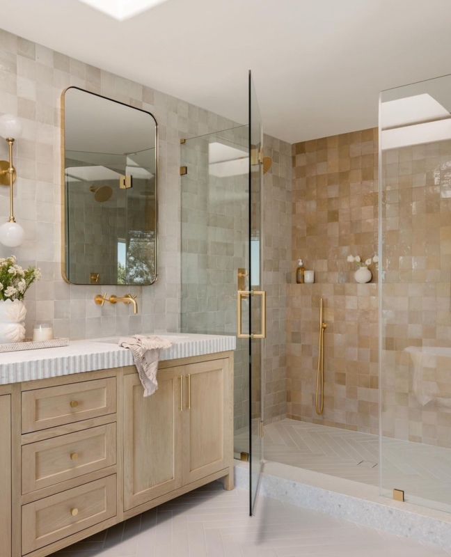Organic Modern Bathroom Beige Zellige Tile Light Wood Vanity