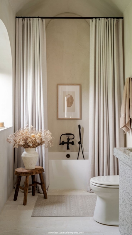 Organic Modern Bathroom Design with Arched Niche and Matte Black