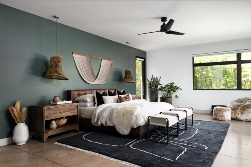 Organic Modern Bedroom with Forest Green Wall and Woven Pendants