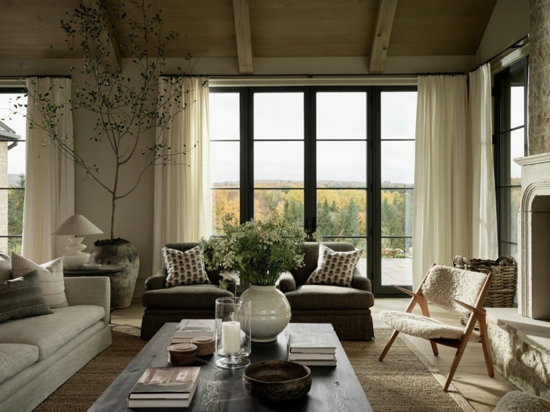 Organic Modern Curtains with Exposed Ceiling Beams
