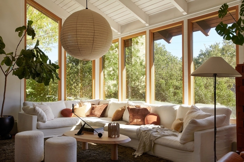 Organic Modern Living Room Design: Vaulted Ceiling & Globe Pendant