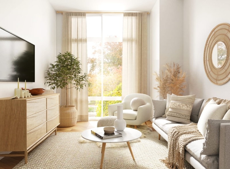 Organic Modern Living Room featuring Chevron Wood Flooring