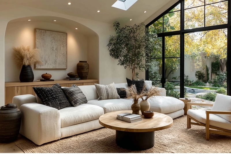 Organic Modern Living Room With Arched Niche And Large Window