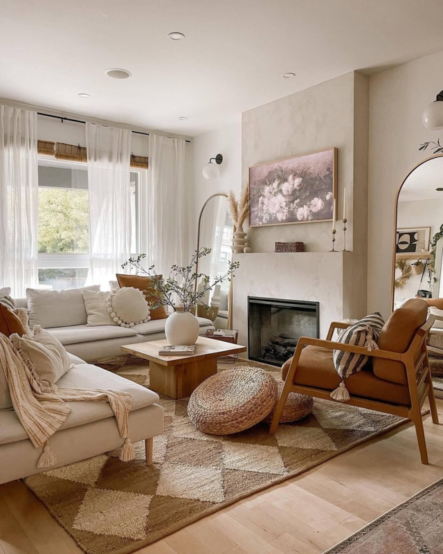 Organic Modern Living Room with Diamond Jute Rug and Arched Wall Mirror