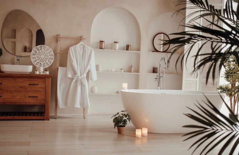 Organic Modern Spa Bathroom Design with Arched Wall Niches