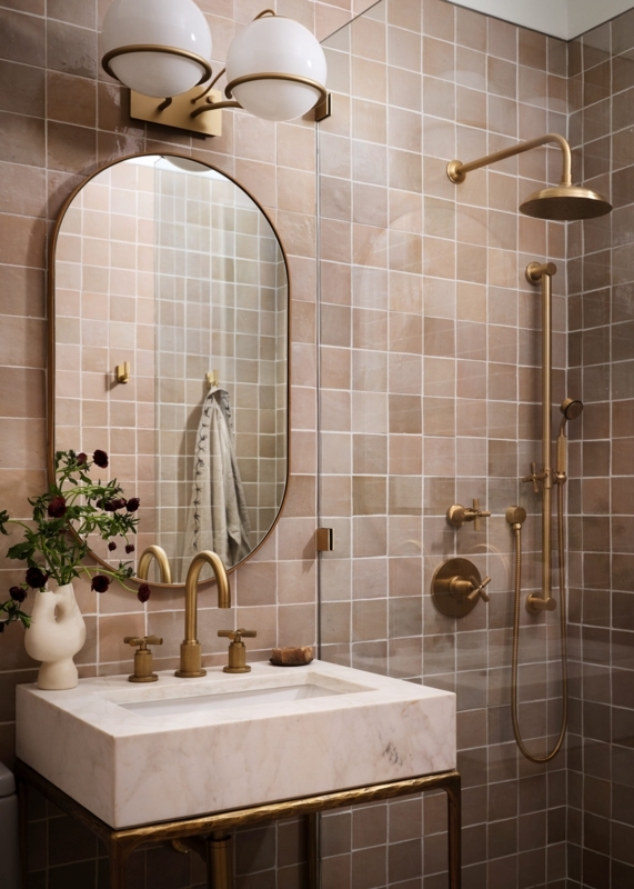 Organic Modern Walk-In Shower: Earthy Zellige Tiles & Brass Fixtures