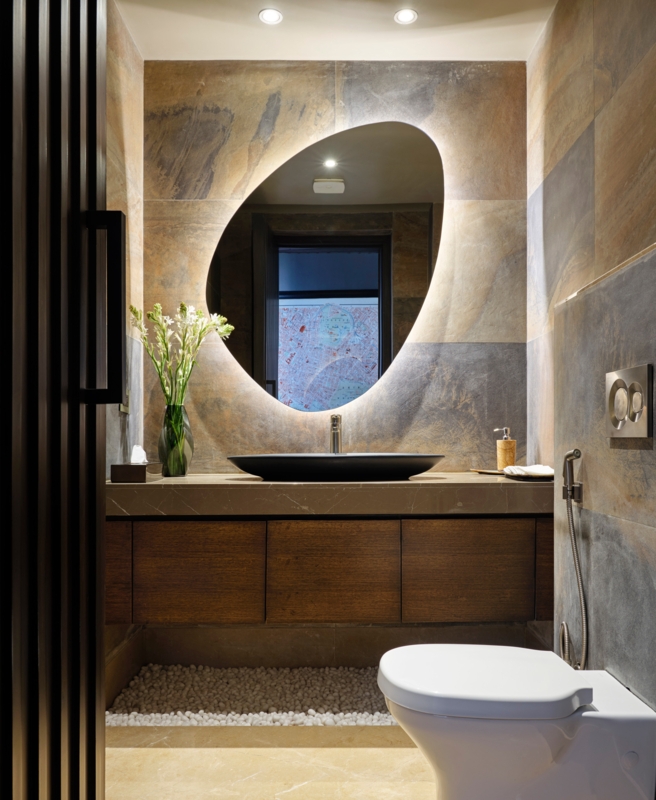 Organic Shape Backlit Bathroom Mirror, Modern Floating Wood Vanity